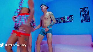 stepsister and college friend suck my cock in webcam orgy