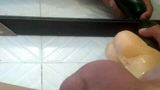 Amateur gay solo man explores anal pleasure with a large cucumber