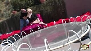 Dildos entertain blonde til man pounds tush outside, oops!