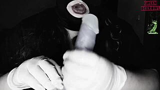 a chubby masked amateur SMOKING while USING a DILDO in a homemade FETISH scene