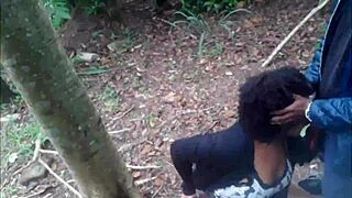 Naughty couple exploring in the forest outdoors