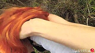 Kitty passionately sucks a stranger's dick and gets doggy fucked outdoors.