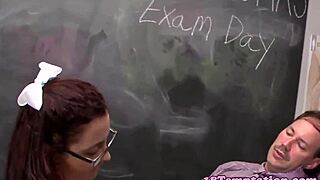 Hey, watch this redhead stepteen jerk her teacher in class!