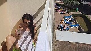 oops, flashed my bare pussy on hotel balcony, no panties!