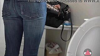 Feeling sexy changing from jeans to skirt in the bathroom