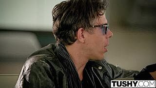 Chloe Amour in lingerie bends over for doggystyle double penetration and facial