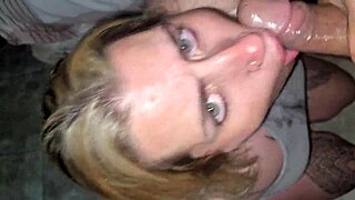 blanquita receives lots of cum on her face in garage deepthroat