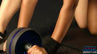Black fitness babes doing a workout in the gym naked