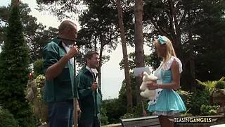 sweet blonde girl rides multiple cocks in stockings, cum on face