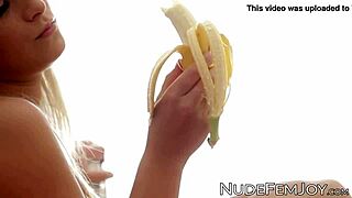 Gorgeous thick lady teases with banana and shows body