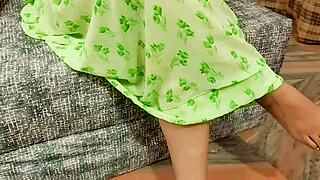 Sangeeta asks, 'Want to try this boob job with dirty talk?' as she cums on ass