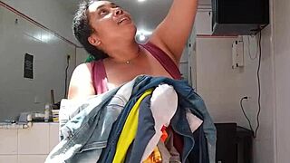 while my stepmother cleans the house, i watch her big butt and touch myself