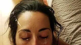 slut girlfriend with piercing and tattoo takes huge cum facial from friend