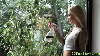 blonde babe takes cumshot over her toes in footjob