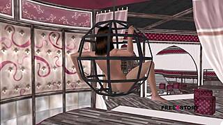 Cute girl in cage uses banana for intriguing solo play.