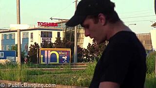 pretty blonde engages in public street gangbang threesome orgy outdoors