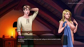 this blonde with huge boobs sticks a small wooden dildo into her shaved pussy, moaning loudly.