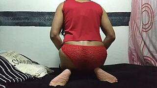 Watch this horny Mexican transvestite pleasuring herself at home!