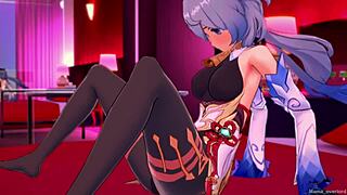 Genshin Ganyu delivers footjob pleasure in love hotel leggings with cum.