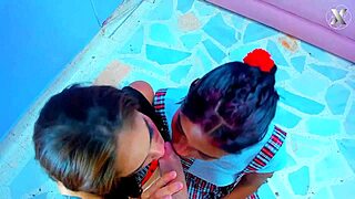 The two latinas say, 'We give hot blowjobs on our knees in group sex'