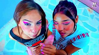 The two latinas say, 'We give hot blowjobs on our knees in group sex'