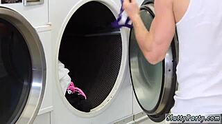 teen nerd gives blowjob during laundry day party