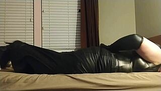 Crossdresser Bound In Leather Boots And Heels Gags Himself While Choking On Ass Play