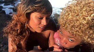 Nina and Porsha suck Don's big black cock on the beach!