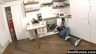 Paying the plumber with her ass in the kitchen