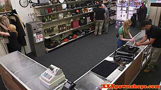 in the pawnshop, this babe sucks the owner's cock for some quick cash while hidden cams roll
