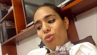 Latina Shemale Blows Cum All Over Herself!