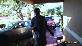 kumalott big boobs ebony milf was fucking the cute male babysitter hard. she gave him a facial on her tits