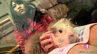 This asian babe sucks cock deep on all fours.