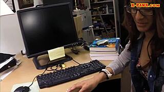 Amateur coed with glasses gets pounded by pawn keeper's monster cock