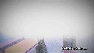 latina girlfriend sucks cock outdoors on the street