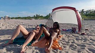 double handjob on public beach with interracial amateurs - so hot! 🔥