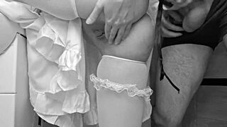 Big girl in dress and stockings gets cum on pussy