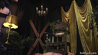 Busty Domme In Lingerie Whips Bound Man With Toys!