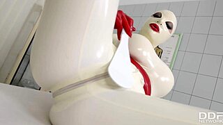 Busty latex Lucy spanks and toys her pussy