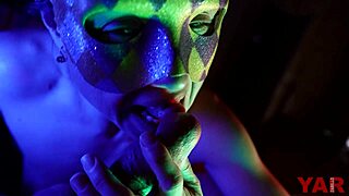 masked adult bites penis head for intense blowjob!  