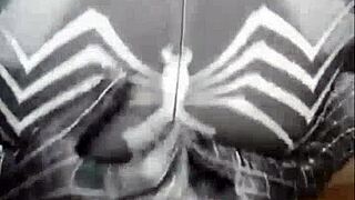 spider-woman cosplay babe teases her pussy with wild vibrator play