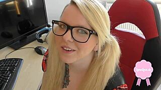 cute blond in uniform gets drilled with cum on glasses