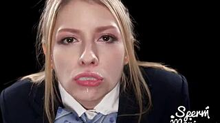 Young blonde loves cum on her face during a wild party