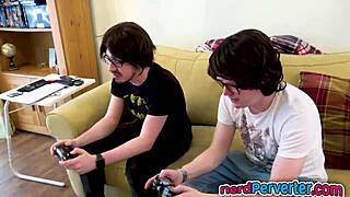 I saw blonde stunner blowjob two nerds in hardcore group scene.