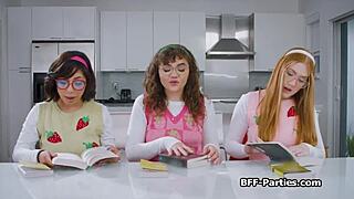 book club turns into foursome where nerdy girlfriends share cocks and blowjobs