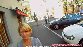 Euro cutie picked up and jizzed on her small tits after spying