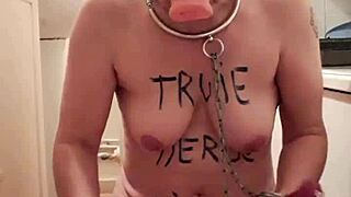 the female slave conducts a self-submission session, embracing her whore slut side in bdsm mode