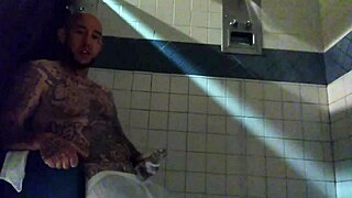 Amateur strokes big tattooed white dick in shower webcam, leading to massive cumshot explosion