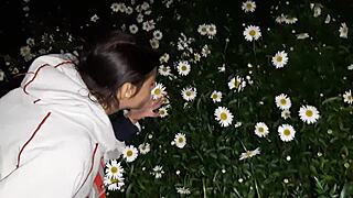 After a walk in the garden, the housekeeper engages in sex leading to orgasm