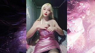 shemale in glitter pink tube top masturbates with big dick by selena sister
